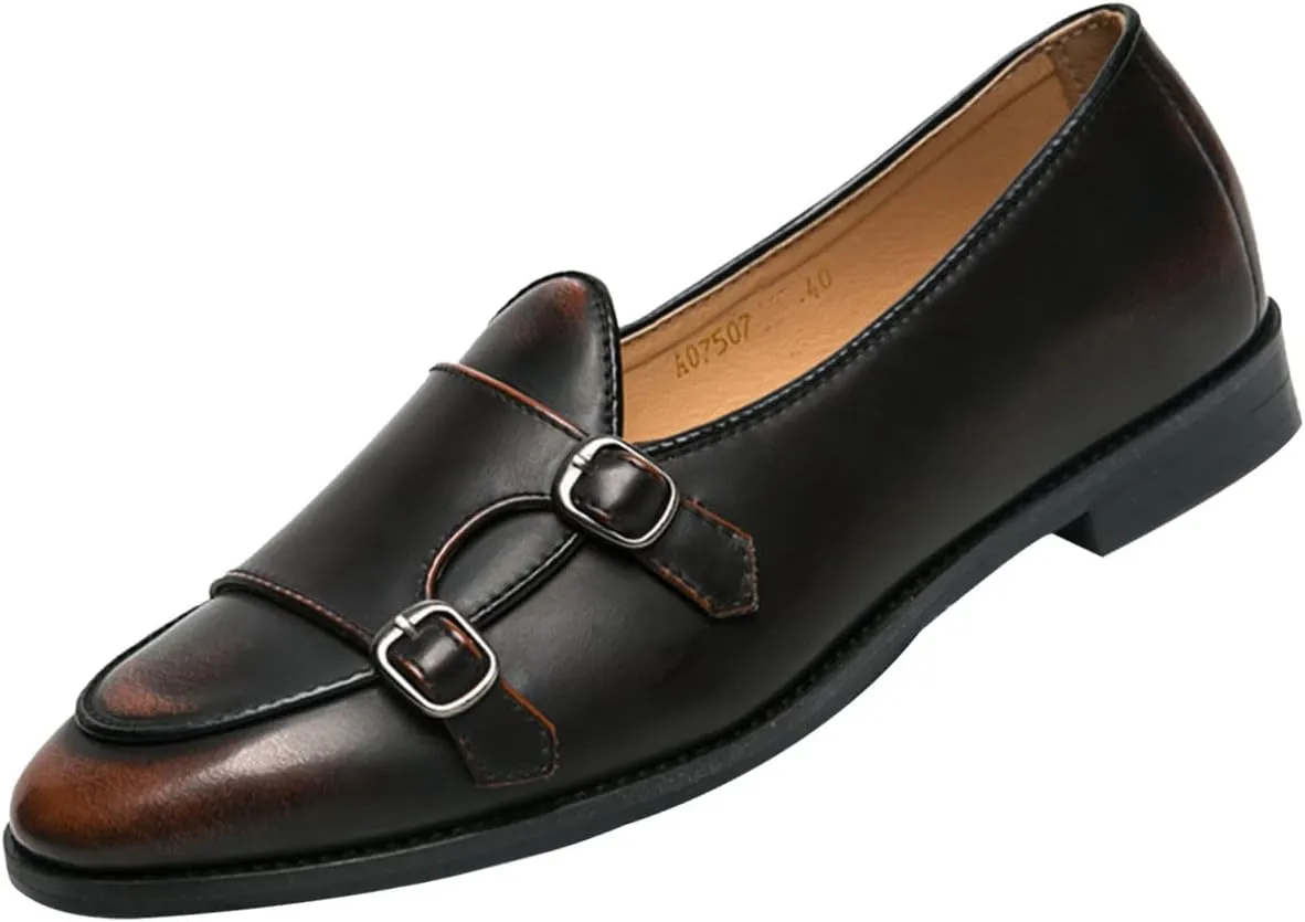 Men's Slip-on Dress Oxford Shoes,Pointed-Toe Low-top Double Monk Strap Black Patent Leather Business Casual Singles