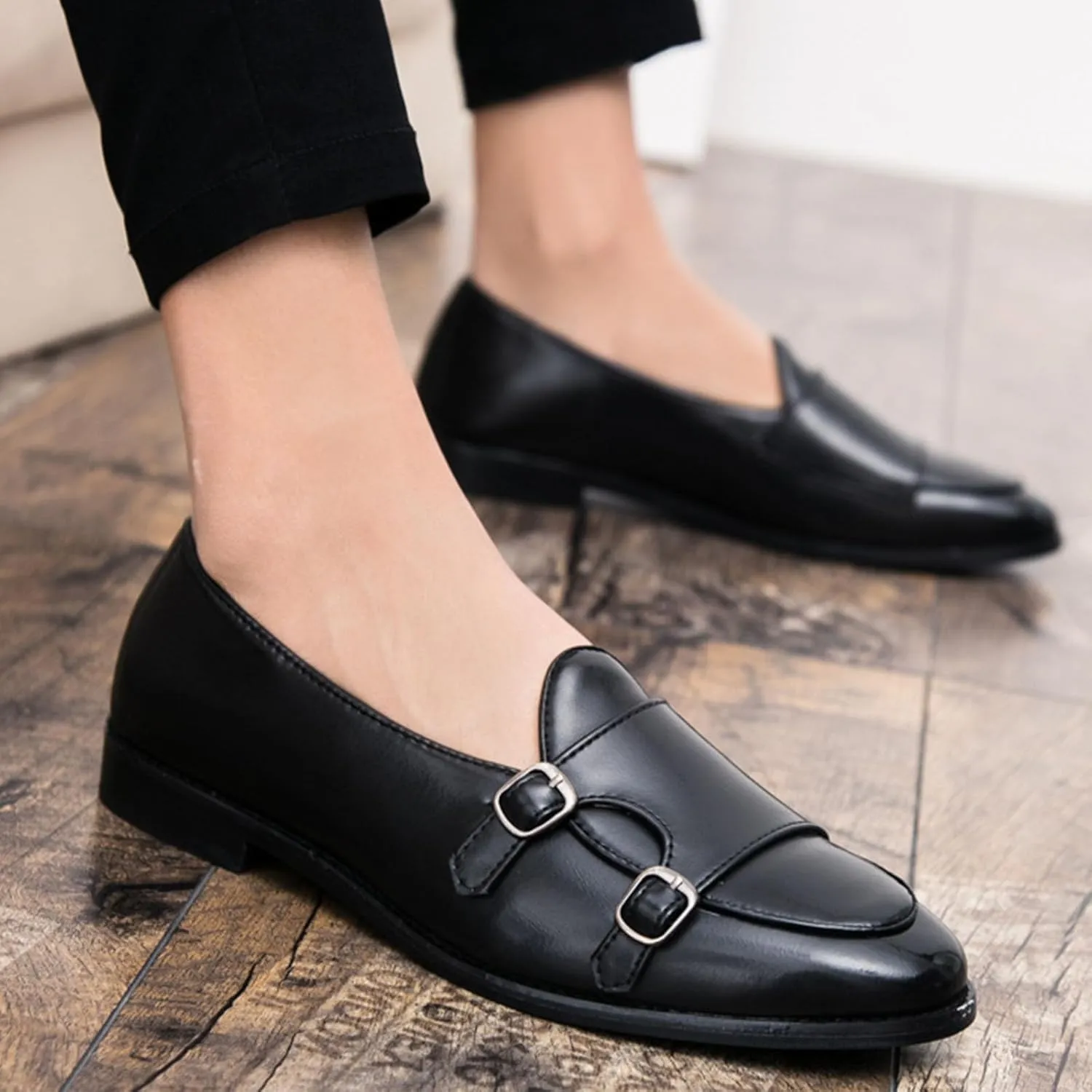 Men's Slip-on Dress Oxford Shoes,Pointed-Toe Low-top Double Monk Strap Black Patent Leather Business Casual Singles