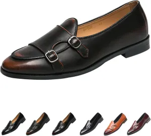 Men's Slip-on Dress Oxford Shoes,Pointed-Toe Low-top Double Monk Strap Black Patent Leather Business Casual Singles
