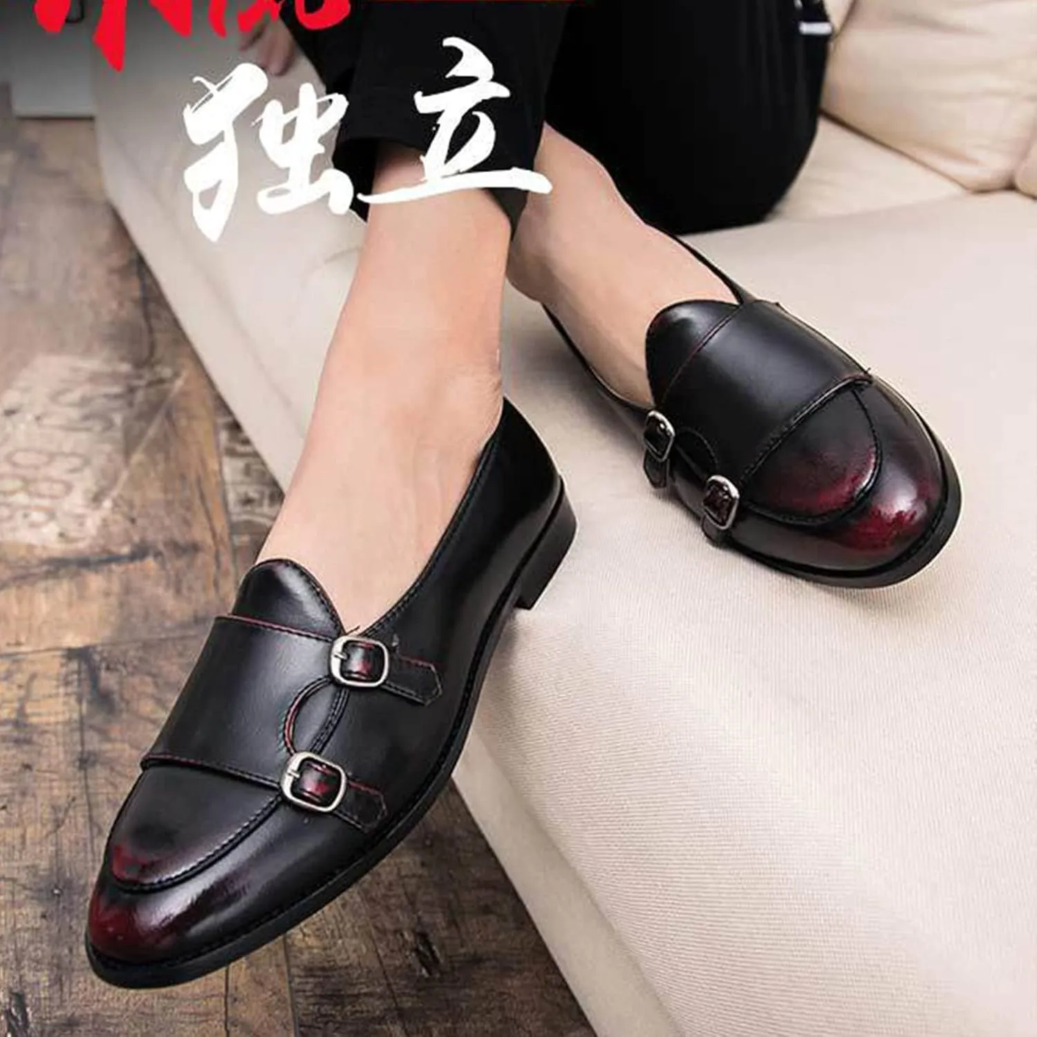 Men's Slip-on Dress Oxford Shoes,Pointed-Toe Low-top Double Monk Strap Black Patent Leather Business Casual Singles