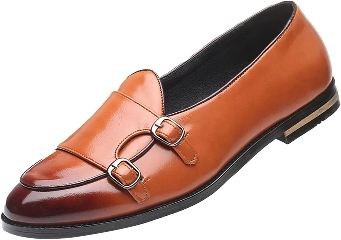 Men's Slip-on Dress Oxford Shoes,Pointed-Toe Low-top Double Monk Strap Black Patent Leather Business Casual Singles
