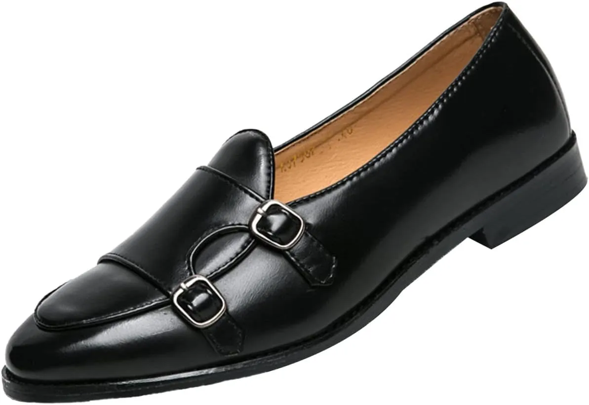 Men's Slip-on Dress Oxford Shoes,Pointed-Toe Low-top Double Monk Strap Black Patent Leather Business Casual Singles