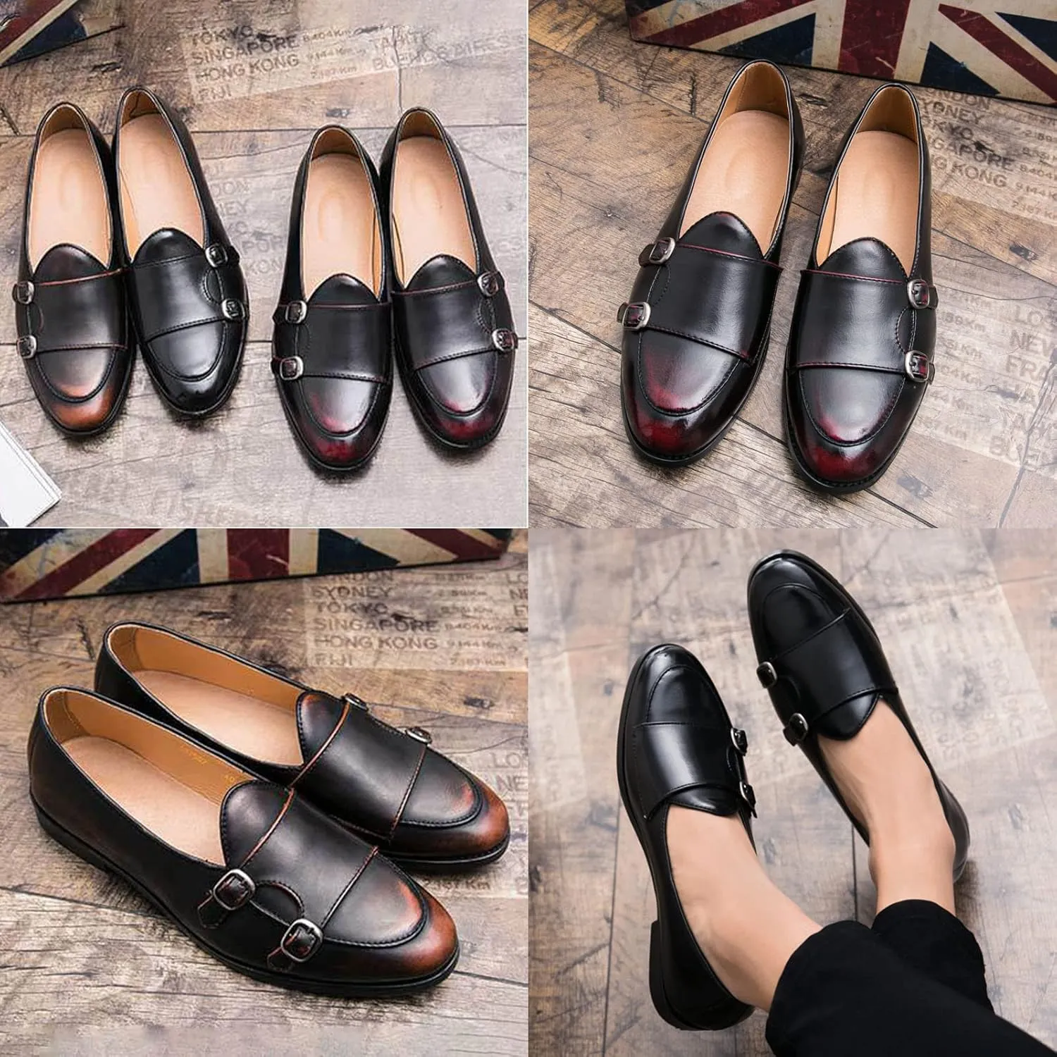 Men's Slip-on Dress Oxford Shoes,Pointed-Toe Low-top Double Monk Strap Black Patent Leather Business Casual Singles
