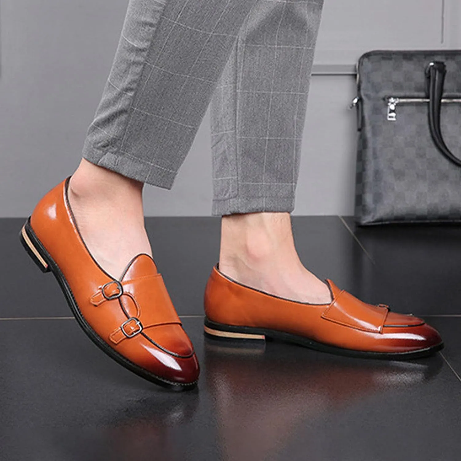 Men's Slip-on Dress Oxford Shoes,Pointed-Toe Low-top Double Monk Strap Black Patent Leather Business Casual Singles