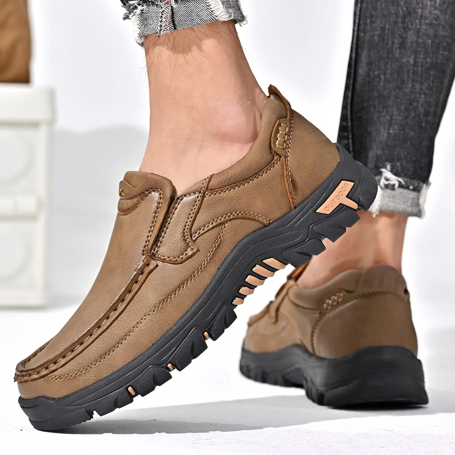 Men's Slip On Leather Loafers Wide Causal Non-Slip Handmade Walking Work Driving Sneaker Moccasin Shoes