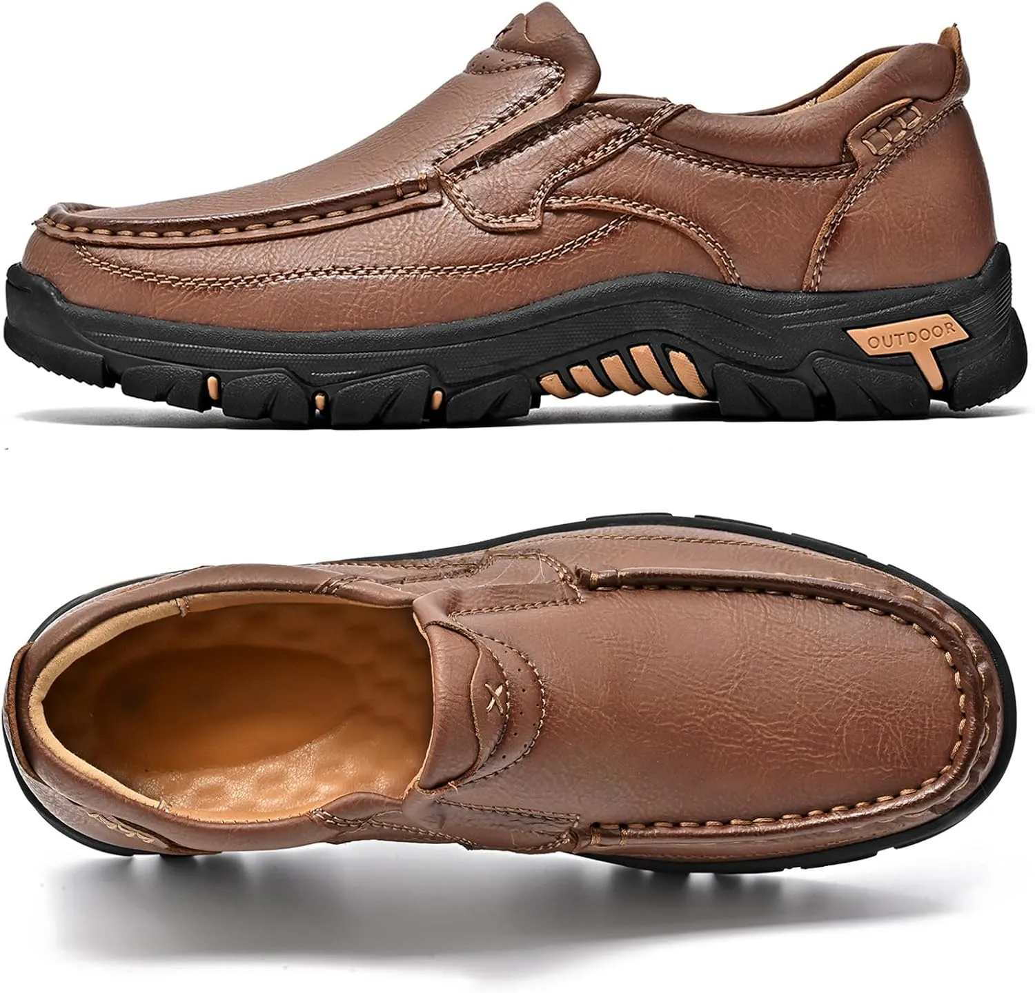 Men's Slip On Leather Loafers Wide Causal Non-Slip Handmade Walking Work Driving Sneaker Moccasin Shoes