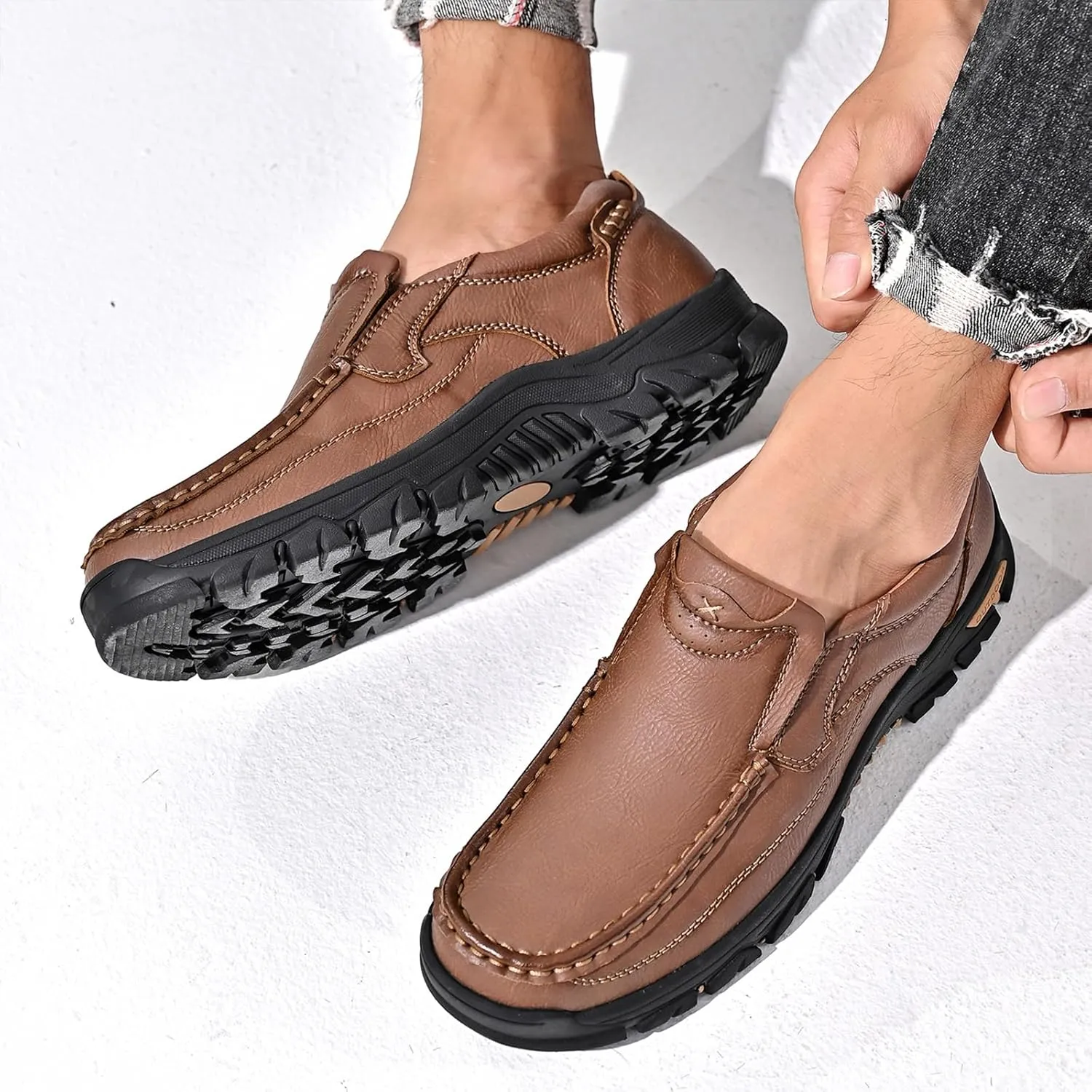 Men's Slip On Leather Loafers Wide Causal Non-Slip Handmade Walking Work Driving Sneaker Moccasin Shoes