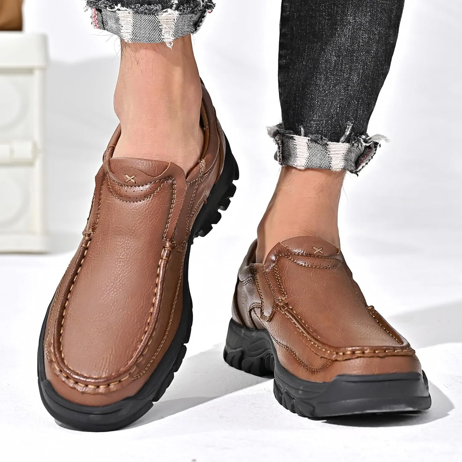 Men's Slip On Leather Loafers Wide Causal Non-Slip Handmade Walking Work Driving Sneaker Moccasin Shoes