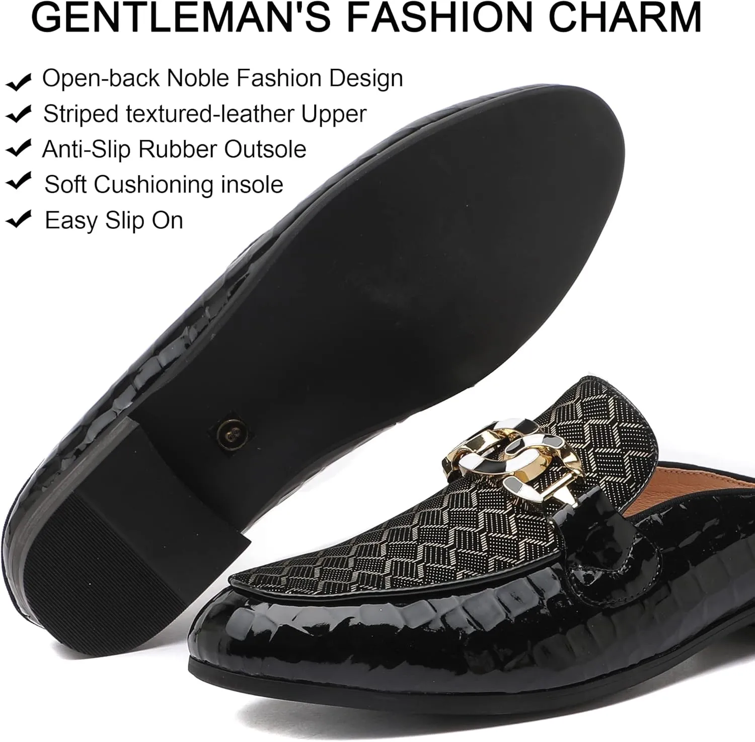 Men's Slip-on Mule Sandals Loafer with Gold Buckle,Fashion Leather Formal Wear Casual Backless Dress Slippers