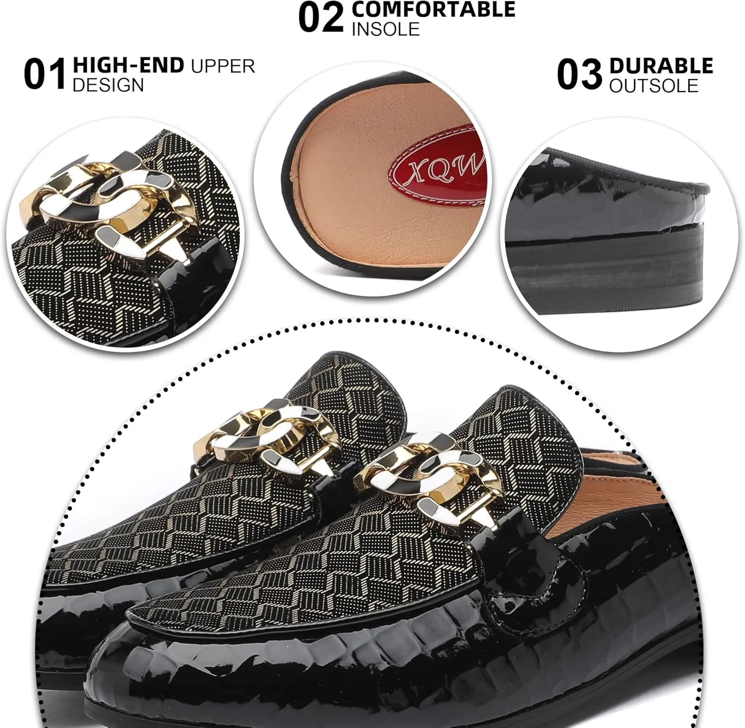 Men's Slip-on Mule Sandals Loafer with Gold Buckle,Fashion Leather Formal Wear Casual Backless Dress Slippers