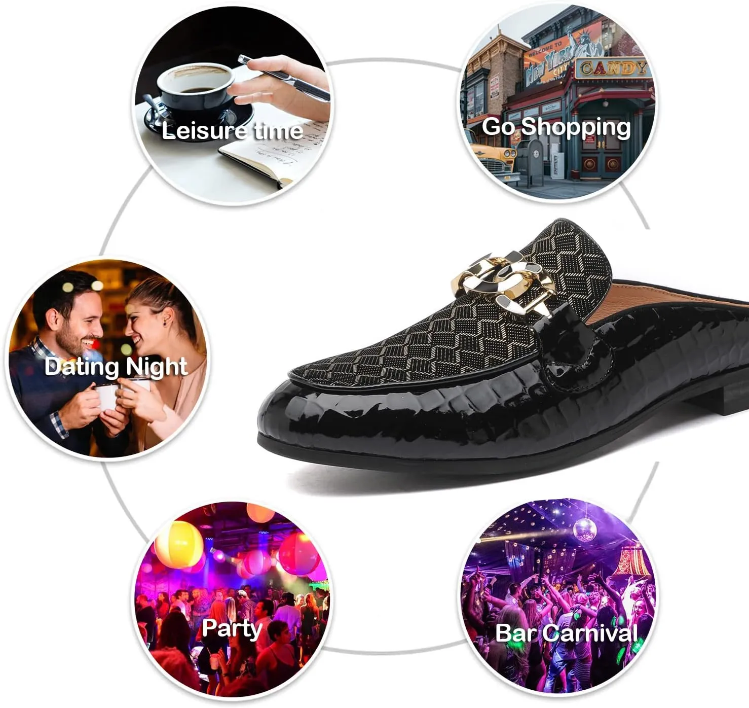 Men's Slip-on Mule Sandals Loafer with Gold Buckle,Fashion Leather Formal Wear Casual Backless Dress Slippers