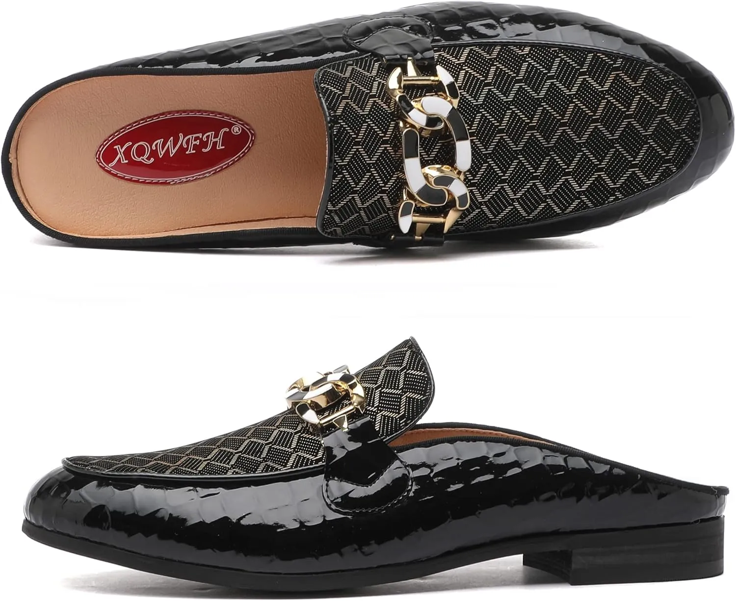 Men's Slip-on Mule Sandals Loafer with Gold Buckle,Fashion Leather Formal Wear Casual Backless Dress Slippers