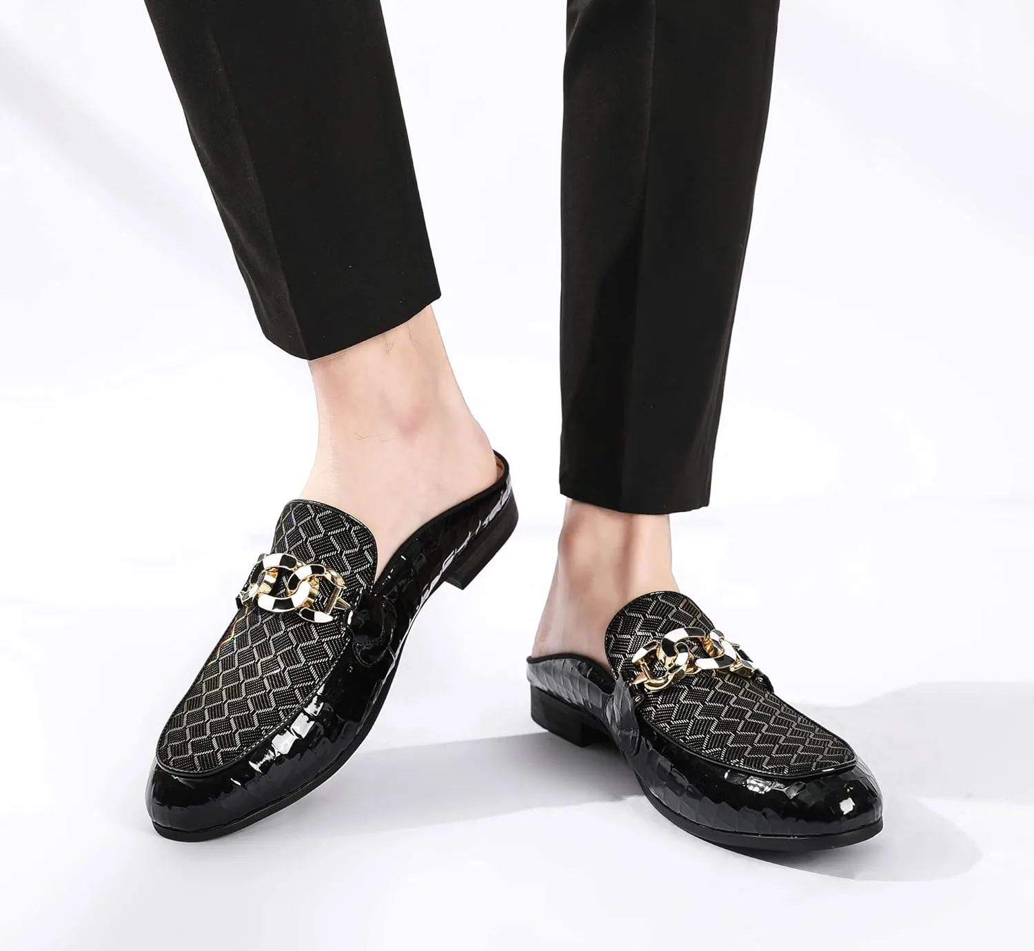 Men's Slip-on Mule Sandals Loafer with Gold Buckle,Fashion Leather Formal Wear Casual Backless Dress Slippers