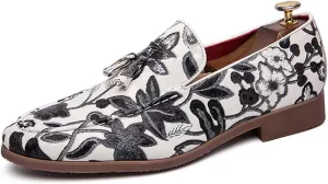 Mens Slip on Pointed Toe Loafers with Flower Design Fringe Decoration Chelsea Shoes Leather Shoes Mens Formal Loafers Suitable for Daily wear, Party, Nightclub, Date, Formal wear, etc.