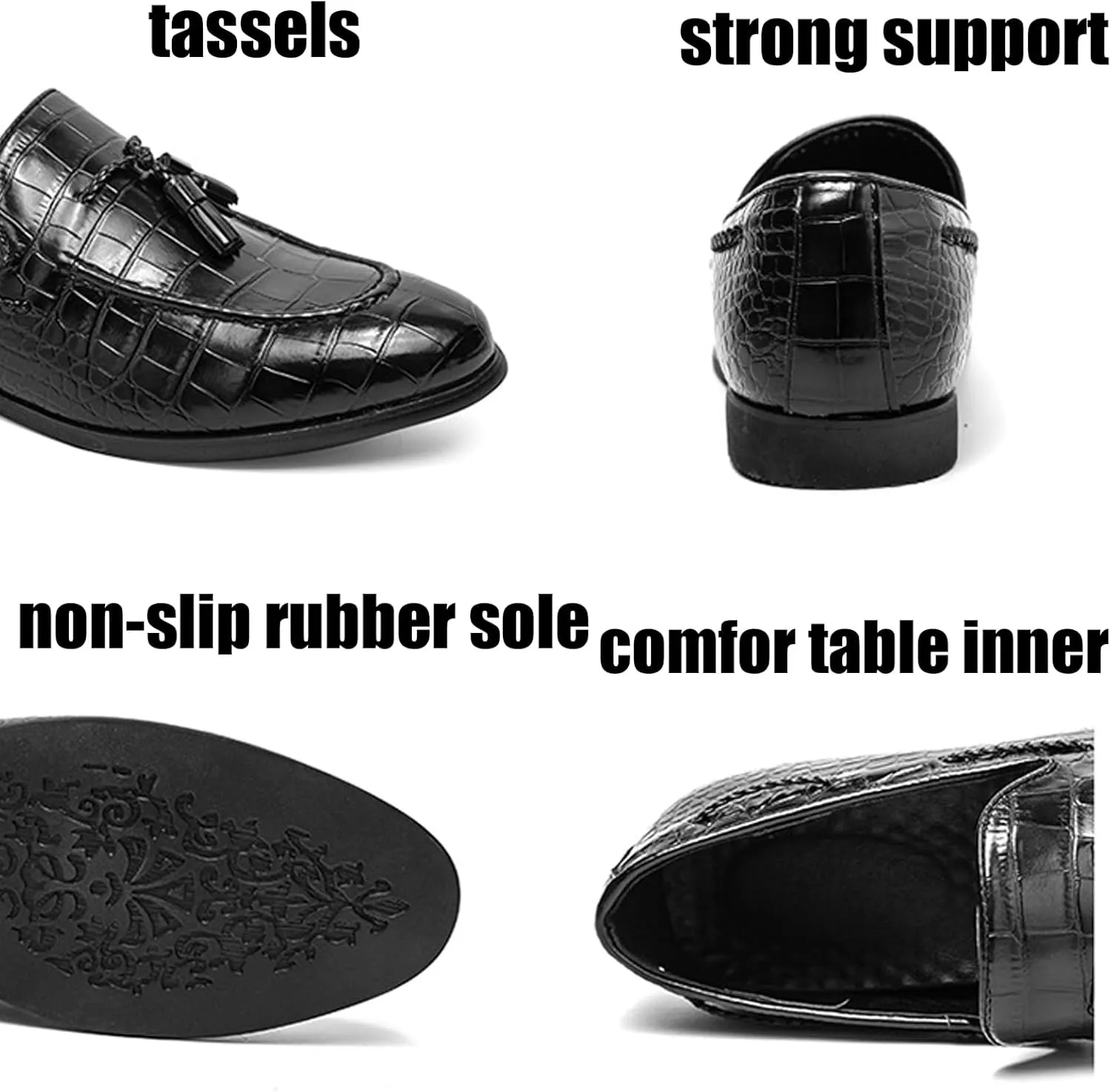 Mens Stone Grain Leather Tassel Slip On Dress Loafers Retro Low Heels Pointed Toe Penny Shoes for Formal Business Wedding Office