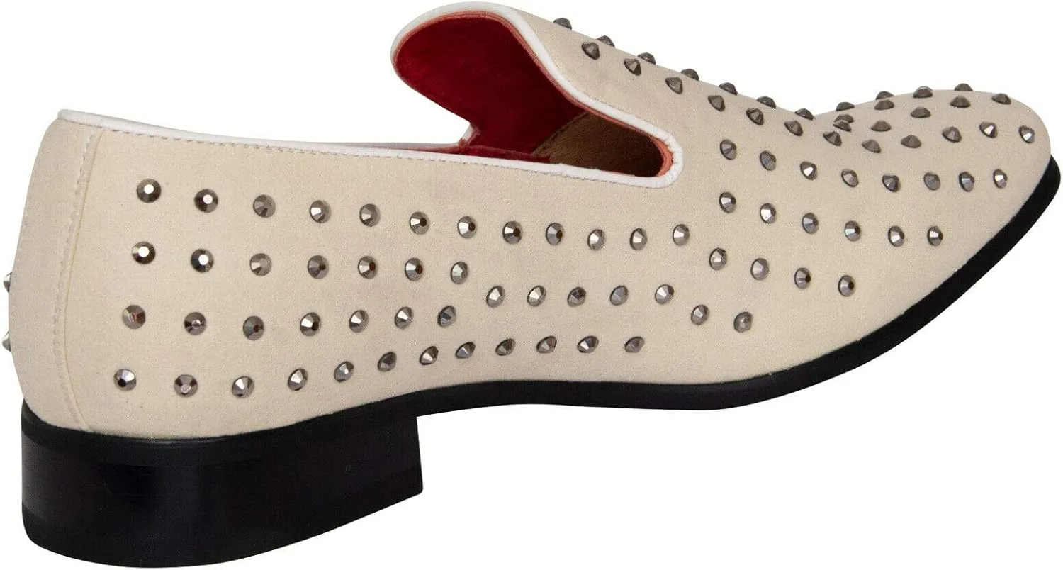 Men's Suede Leather Studded Slip On Shiny Smart Silver Spiked Casual Party Dancing Loafers Moccasin Shoes