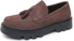 Men's Suede Tassel Platform Penny Loafers Retro Round Head Wide Toe Lug Sole Non-Slip Slip-On Formal Shoes Casual Business Loafers