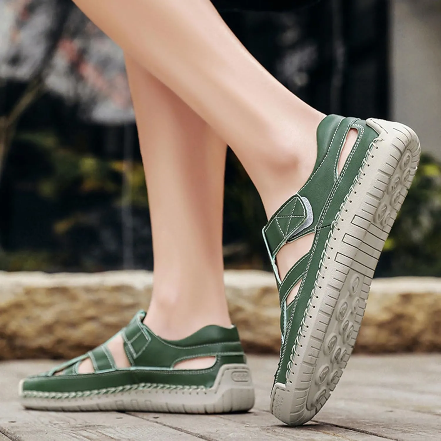 Men's Summer Casual Leather Sandals for Outdoor Beach Walking Comfortable Slip-On Low Heel Fisherman Shoes with