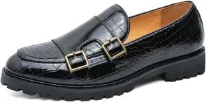 Mens Weave Leather Slip-On Double Strap Loafers Retro Lug Sole Formal Business Prom Dress Flats Penny Monk Shoes