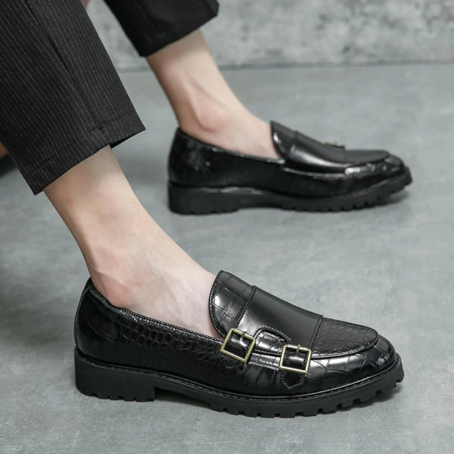 Mens Weave Leather Slip-On Double Strap Loafers Retro Lug Sole Formal Business Prom Dress Flats Penny Monk Shoes