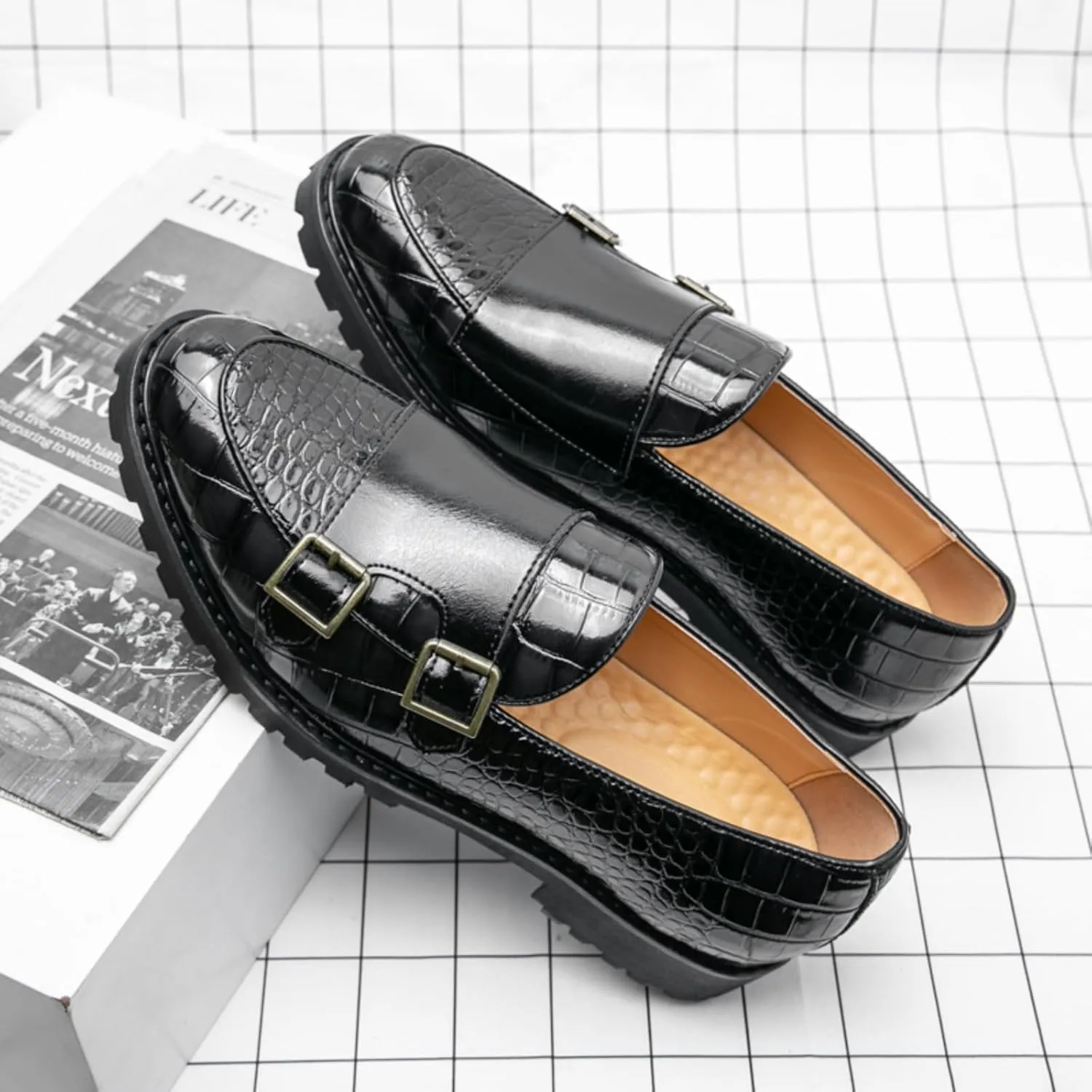 Mens Weave Leather Slip-On Double Strap Loafers Retro Lug Sole Formal Business Prom Dress Flats Penny Monk Shoes