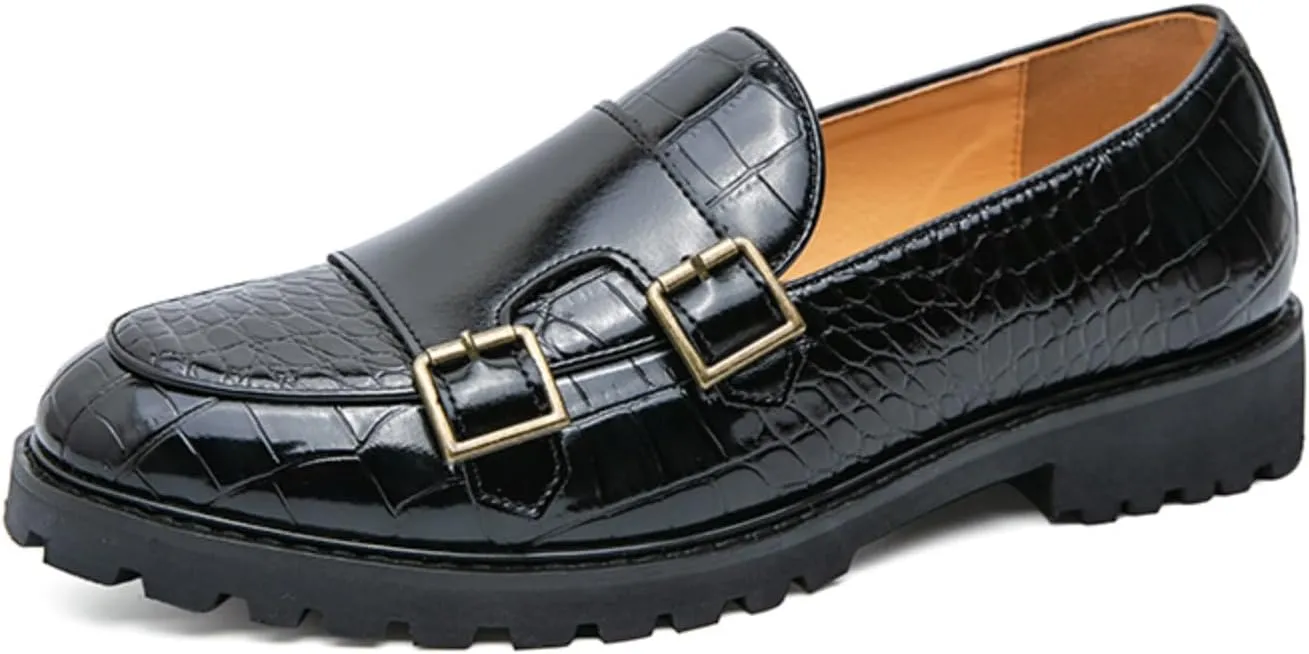 Mens Weave Leather Slip-On Double Strap Loafers Retro Lug Sole Formal Business Prom Dress Flats Penny Monk Shoes