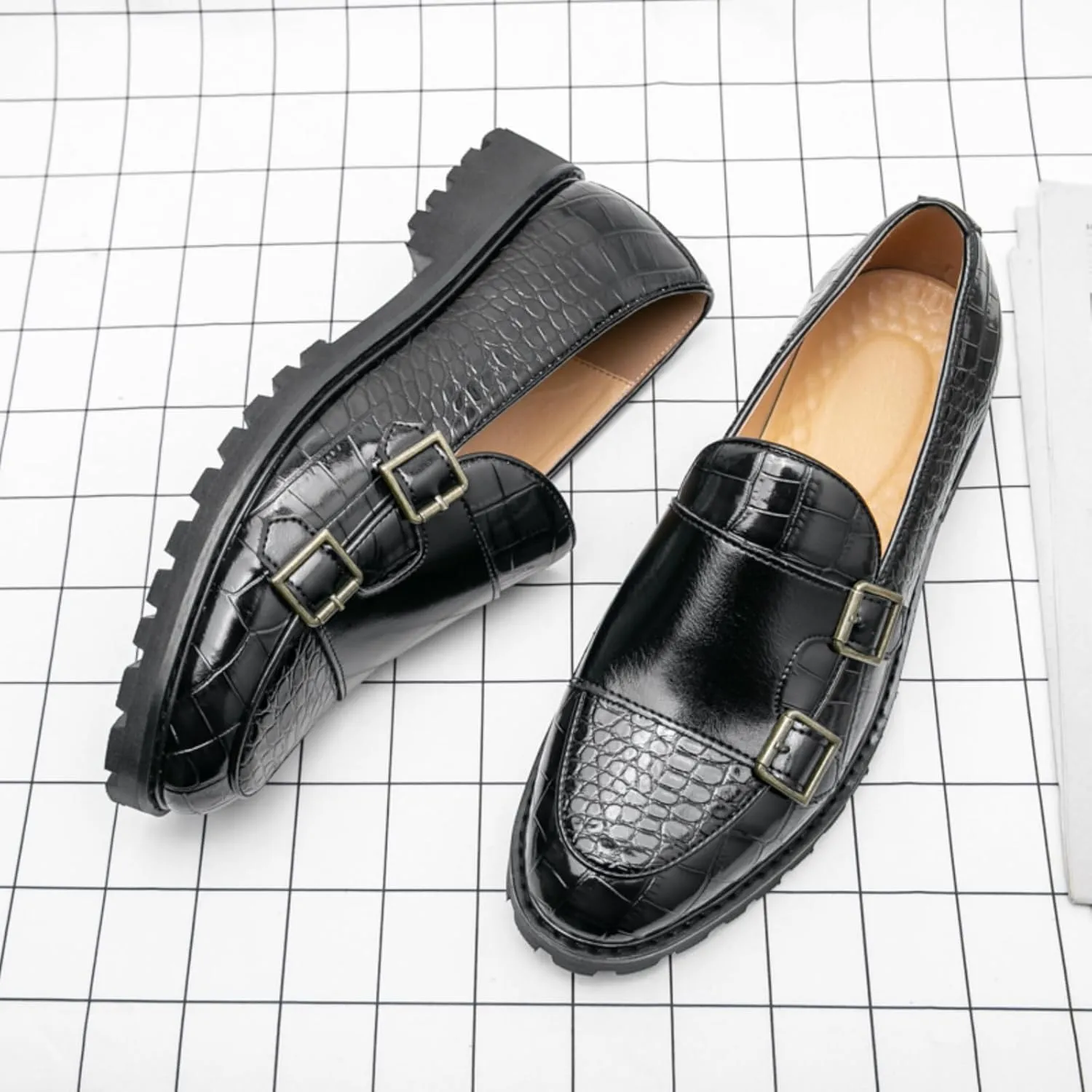 Mens Weave Leather Slip-On Double Strap Loafers Retro Lug Sole Formal Business Prom Dress Flats Penny Monk Shoes