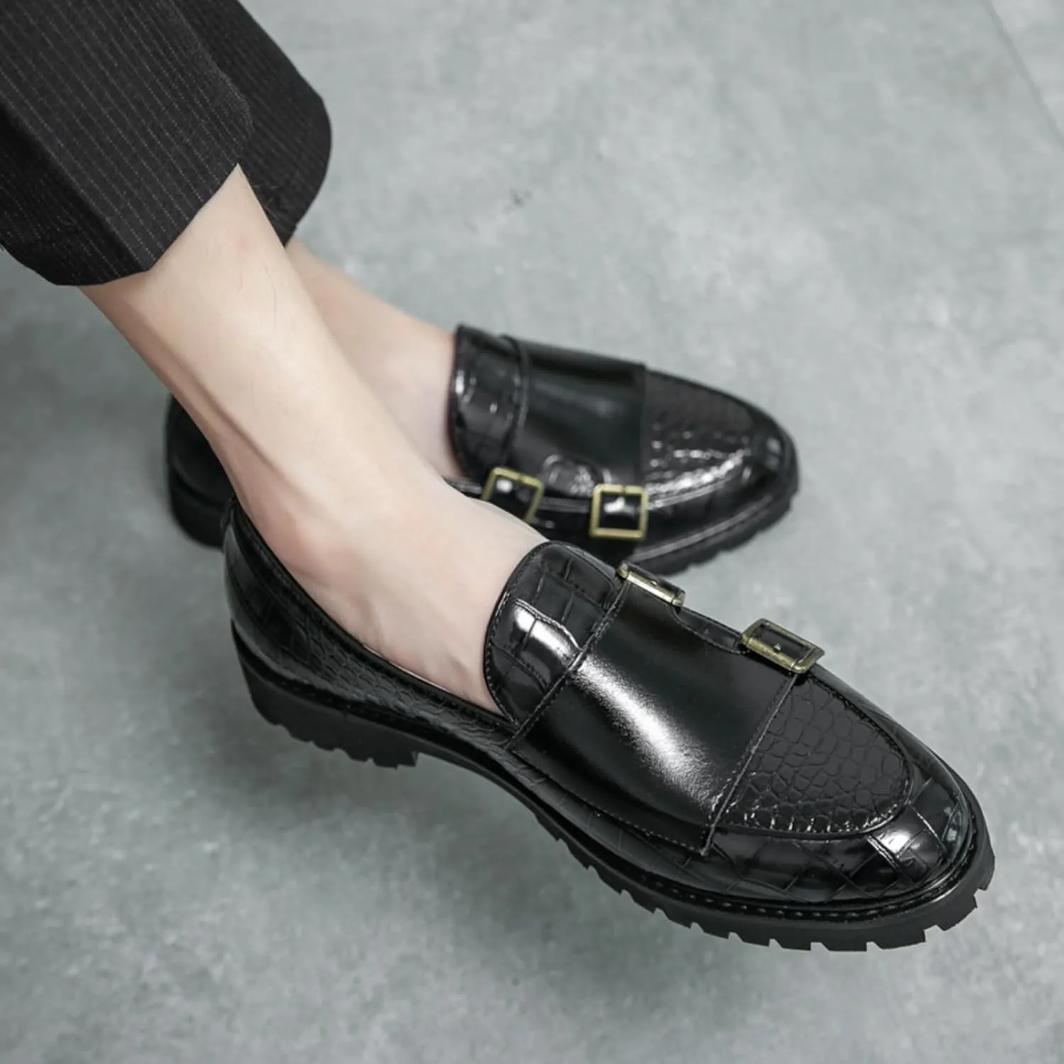 Mens Weave Leather Slip-On Double Strap Loafers Retro Lug Sole Formal Business Prom Dress Flats Penny Monk Shoes