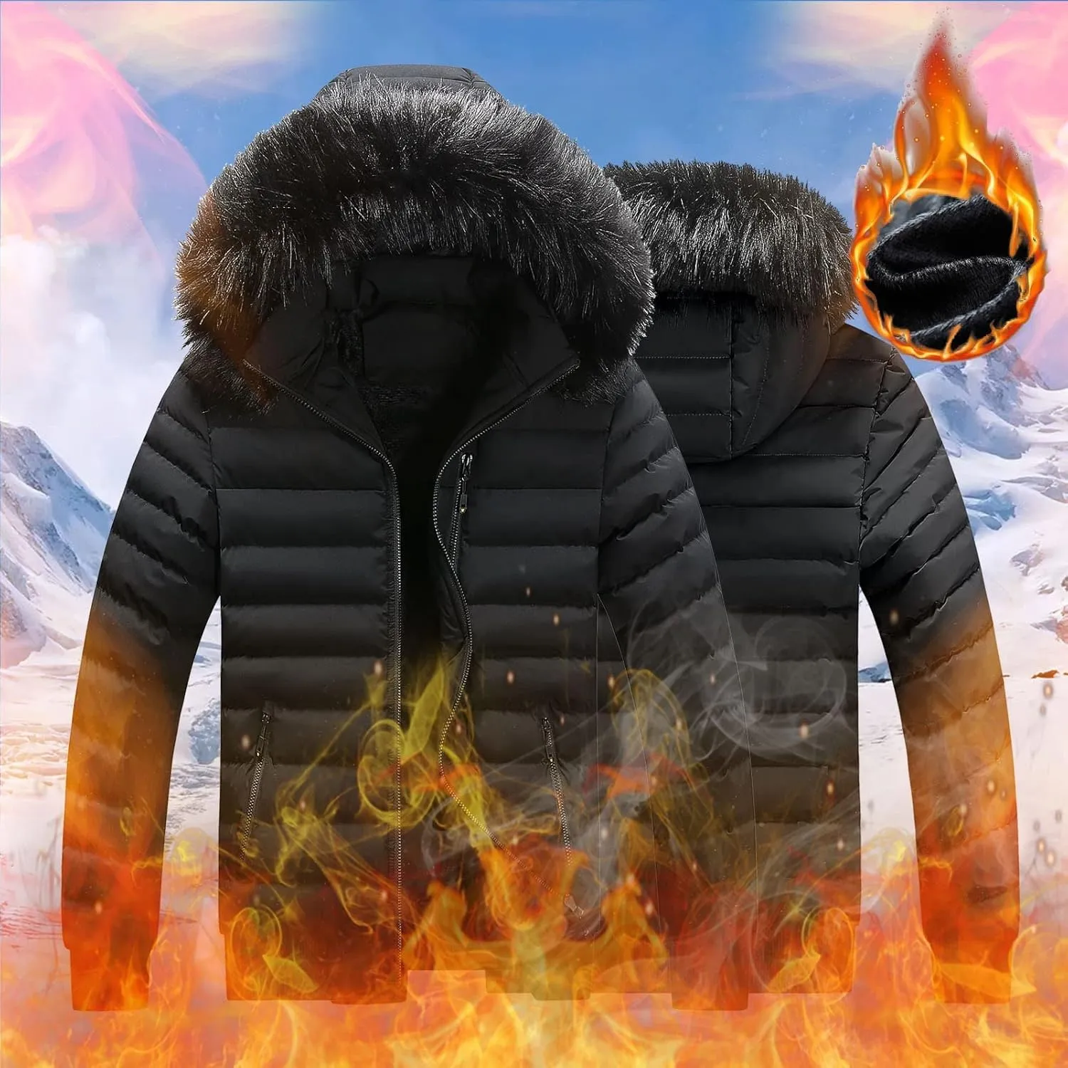 Mens Winter Jacket Warm Down Jacket Full Zip Puffer Jacket Quilted Insulated Jacket with Hood for Business