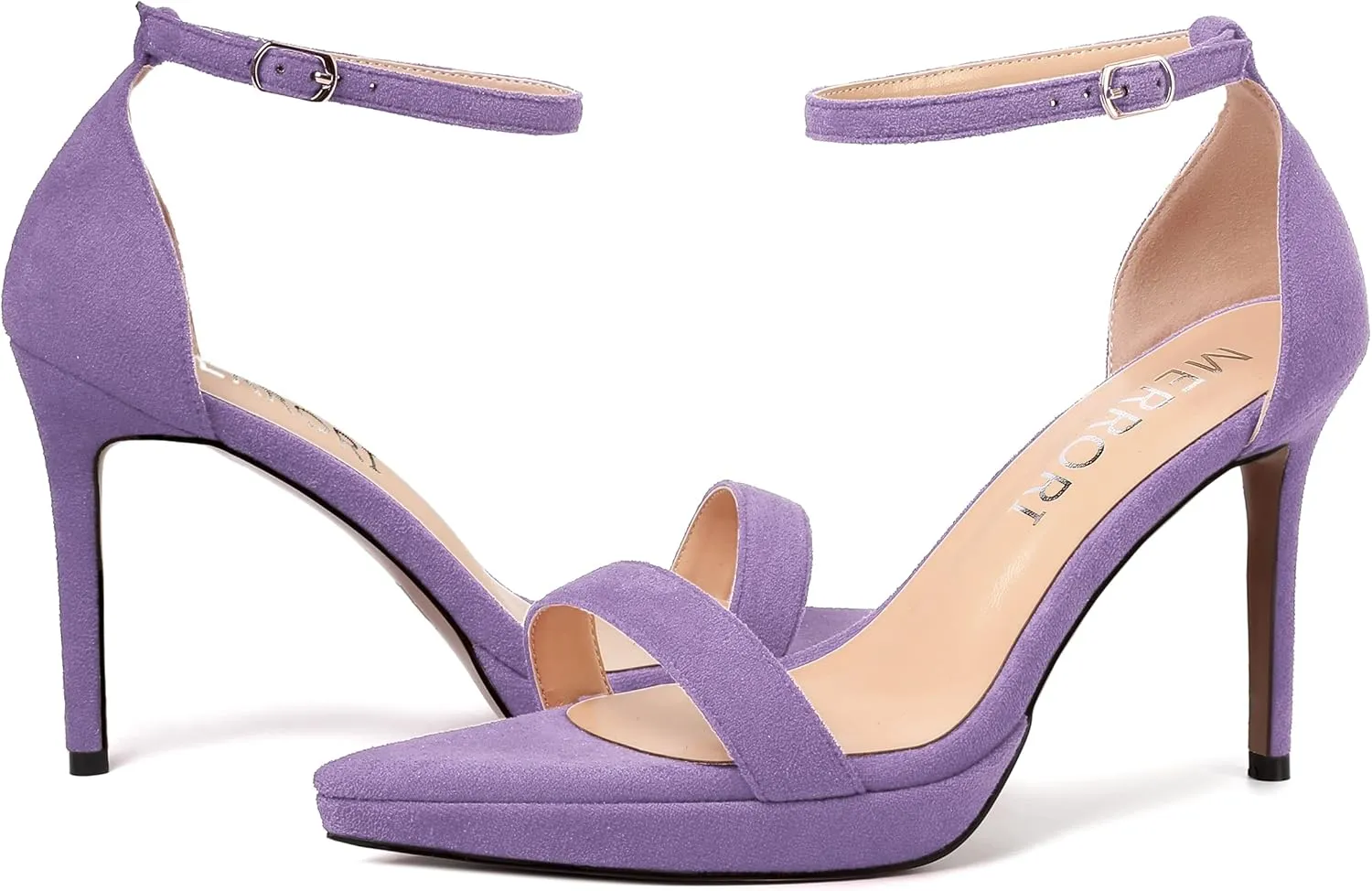 MERRORI Womens Ankle Strap Platform Women Heels Suede Women Heels Fashion Open Toe Dating Stiletto High Heel Sandals 4 Inch