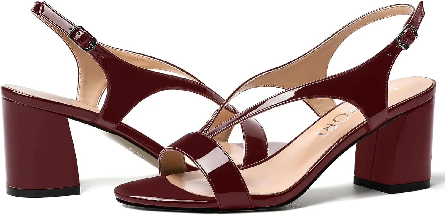 MERRORI Women's Night Club Buckle Open Toe Patent Solid Casual Ankle Strap Chunky Mid Heel Sandals 2.5 Inch
