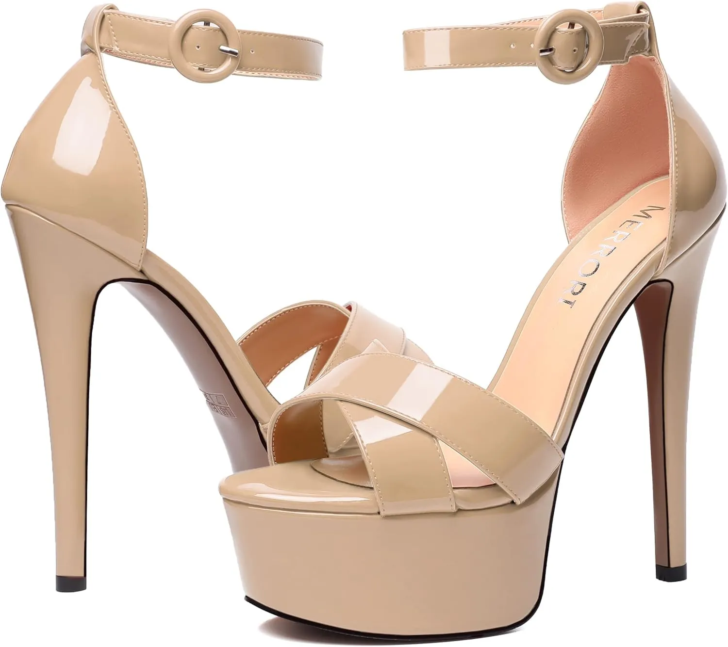 MERRORI Womens Party Open Toe Sexy Ankle Strap Buckle Patent Stiletto High Heel Sandals 6 Inch