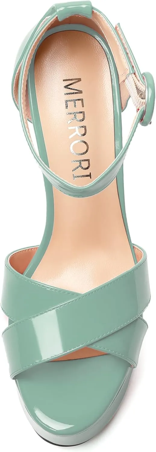 MERRORI Womens Party Open Toe Sexy Ankle Strap Buckle Patent Stiletto High Heel Sandals 6 Inch
