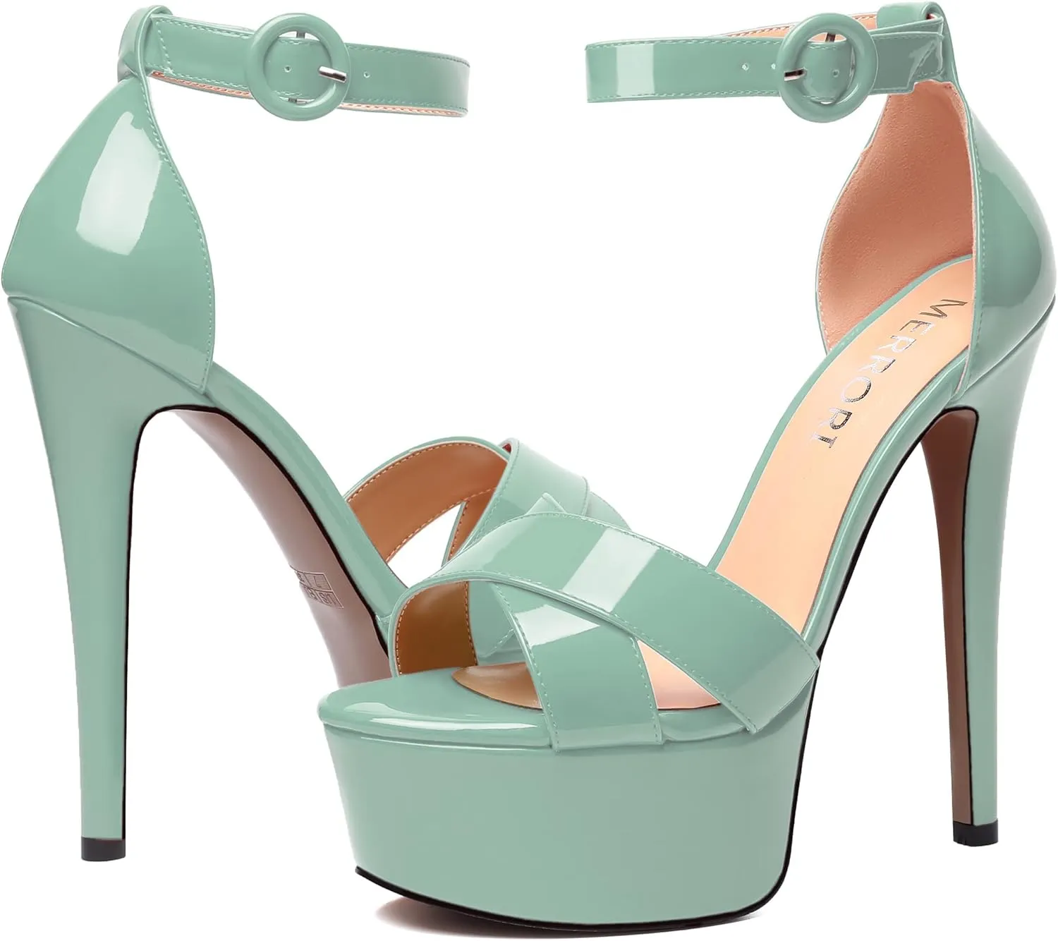 MERRORI Womens Party Open Toe Sexy Ankle Strap Buckle Patent Stiletto High Heel Sandals 6 Inch