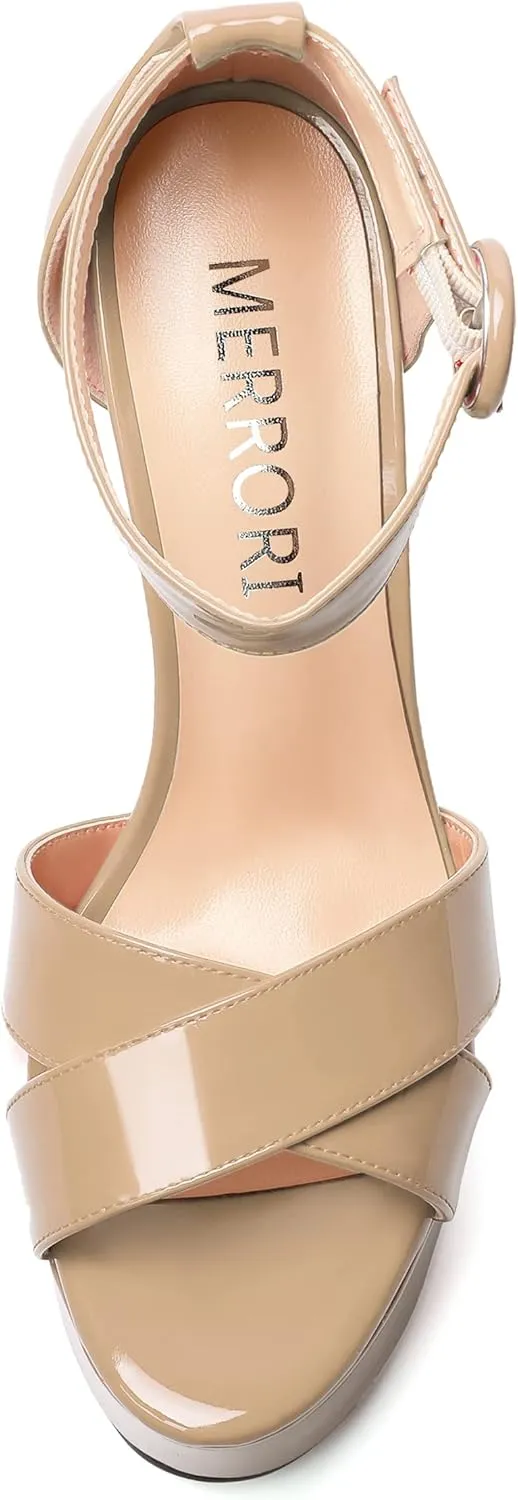 MERRORI Womens Party Open Toe Sexy Ankle Strap Buckle Patent Stiletto High Heel Sandals 6 Inch