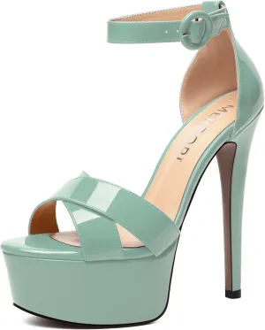 MERRORI Womens Party Open Toe Sexy Ankle Strap Buckle Patent Stiletto High Heel Sandals 6 Inch