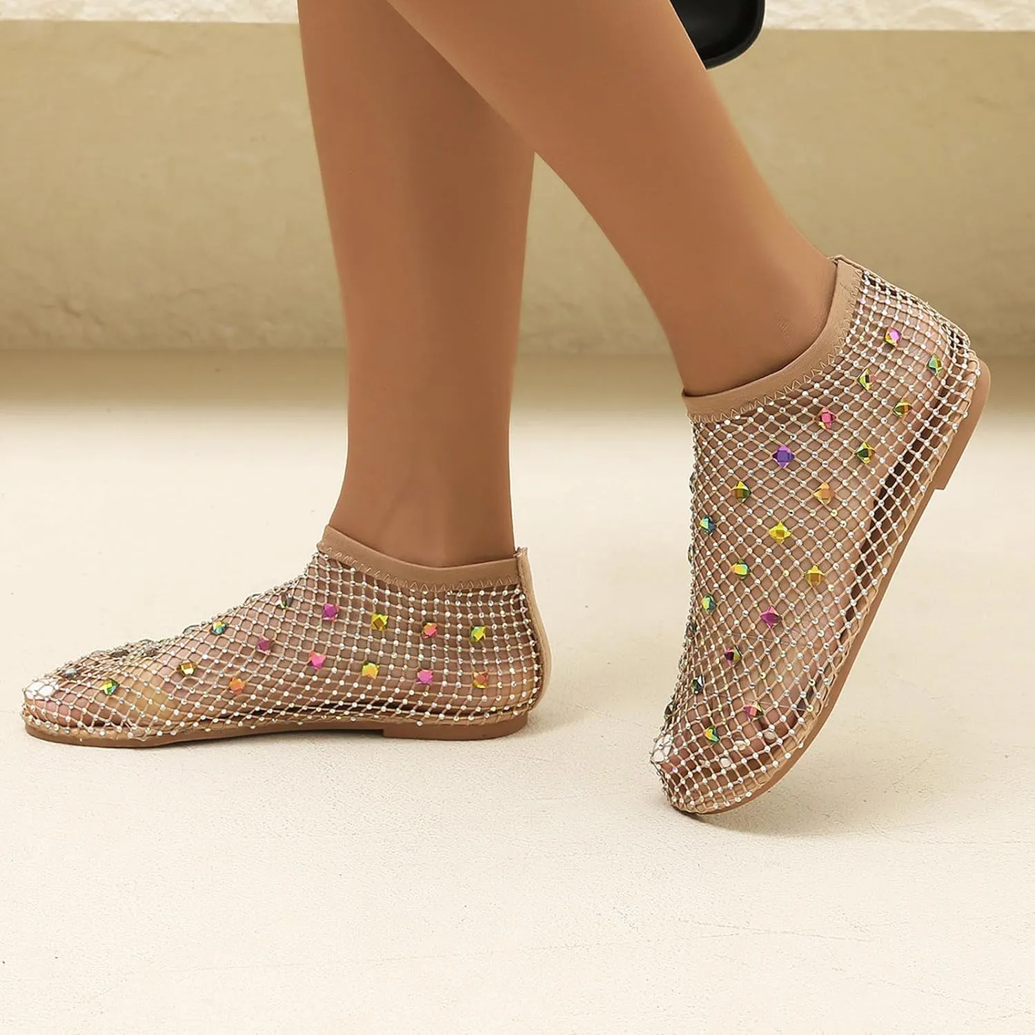 Mesh Flats for Women Comfortable Fishnet Summer Flats Slides Sandals Rhinestone Sandals for Women Dressy Boho Shoes Stiletto High Heel Casual Shoes Breathable