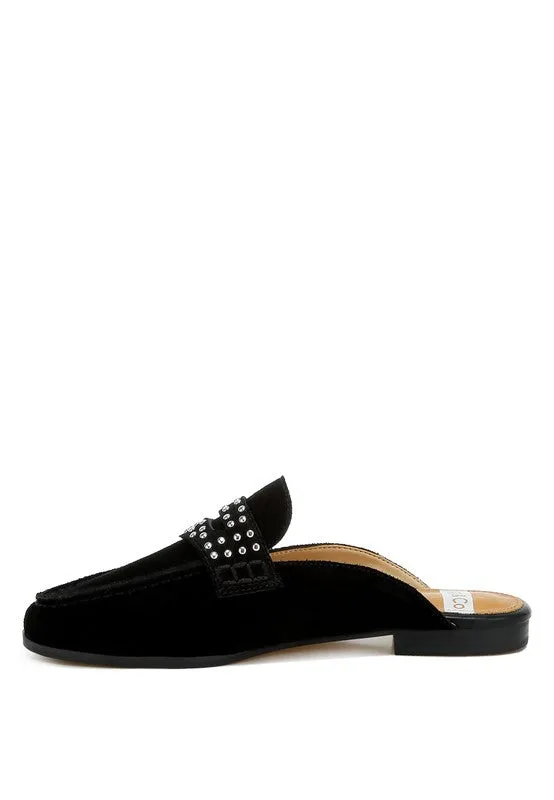 Metal-Stud Penny Strap Mules