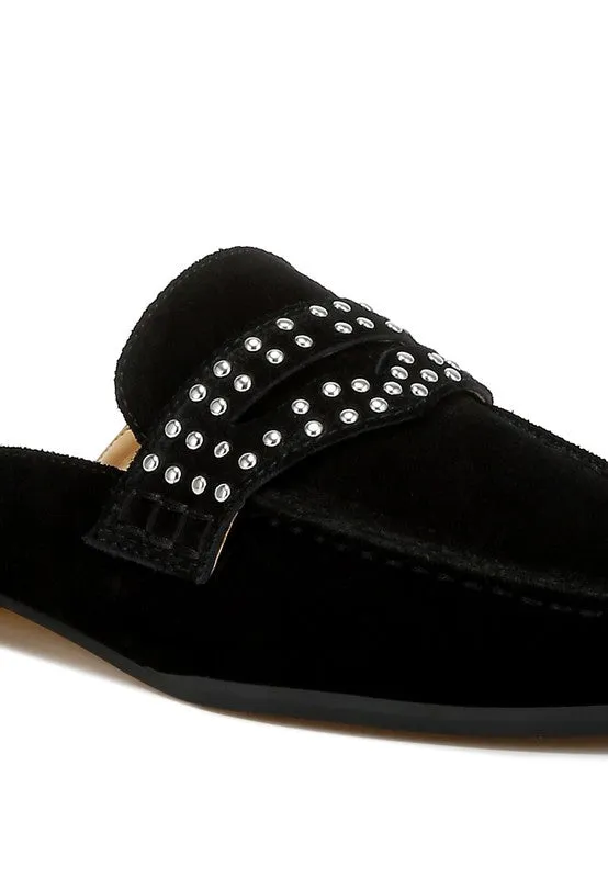 Metal-Stud Penny Strap Mules