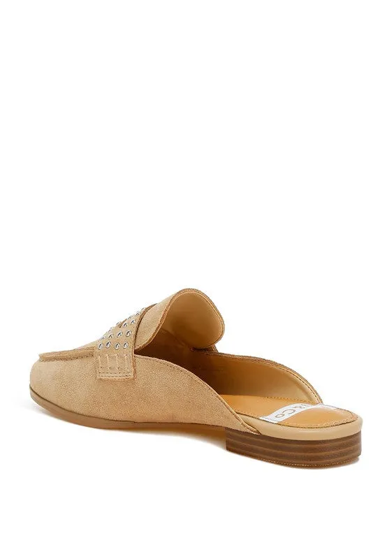 Metal-Stud Penny Strap Mules