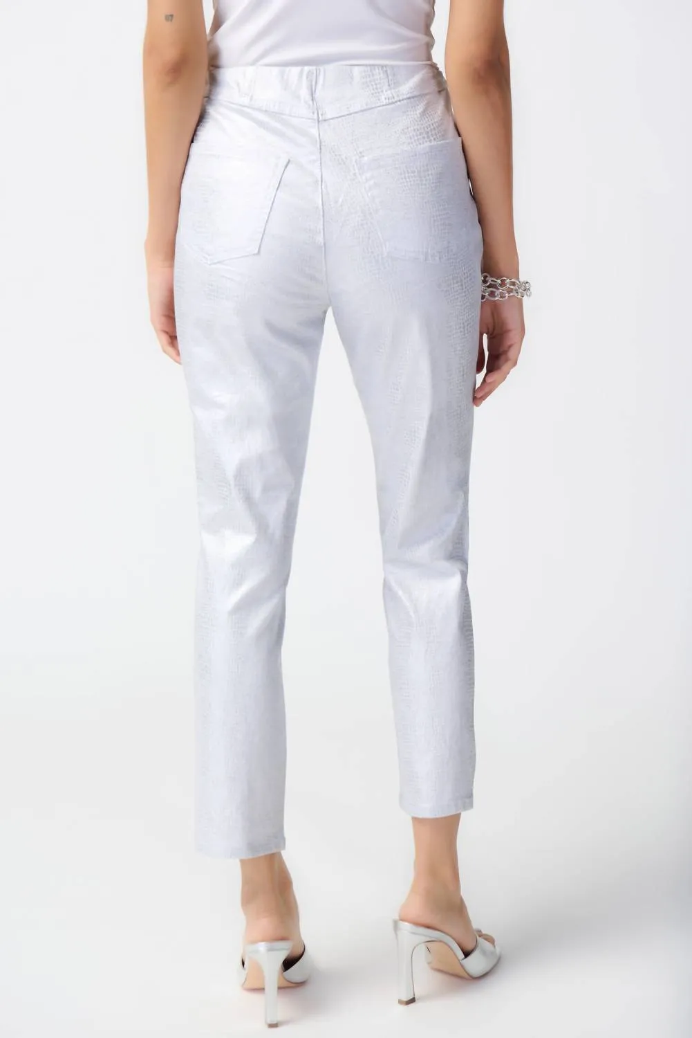 Metallic Slim Crop Pants In White/silver
