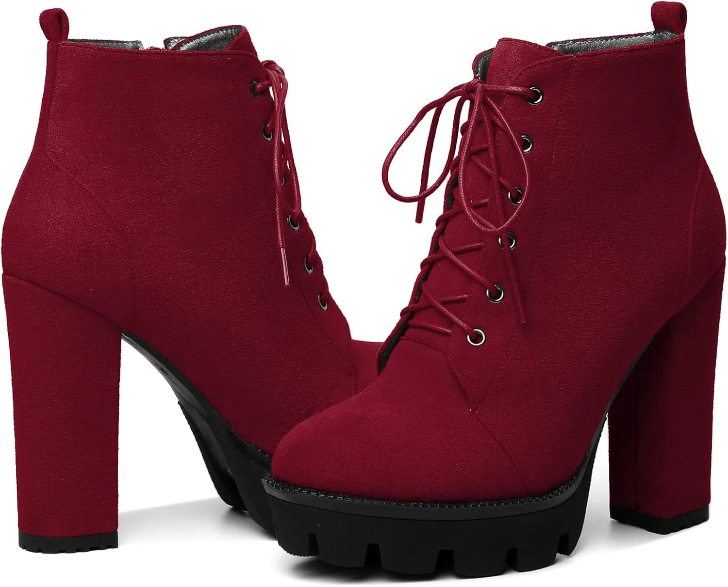 Mettesally Womens Platform Lace Up Ankle Boots Round Toe Chunky Block High Heels Side Zipper Short Boots Office Winter Shoes