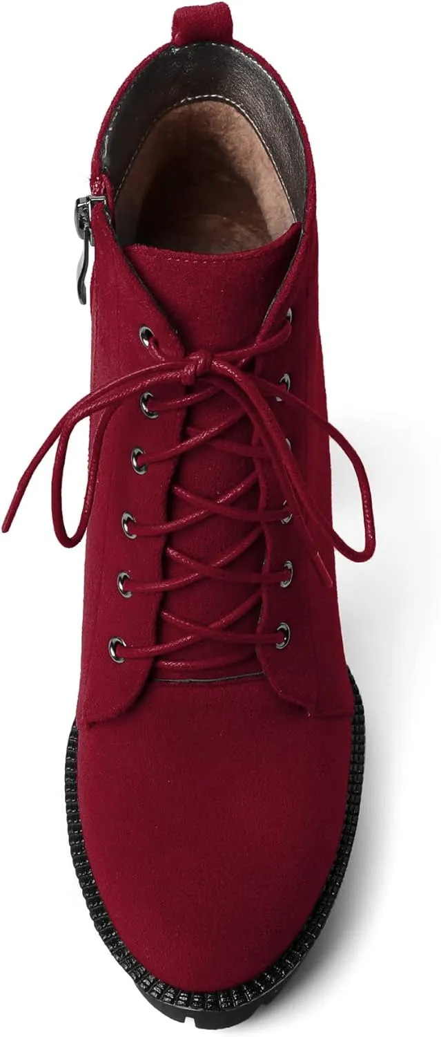 Mettesally Womens Platform Lace Up Ankle Boots Round Toe Chunky Block High Heels Side Zipper Short Boots Office Winter Shoes