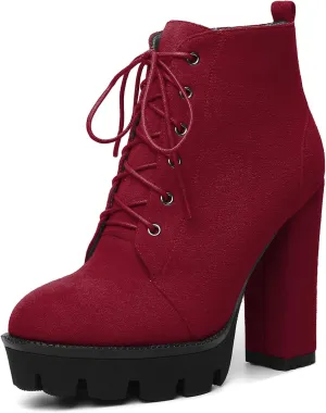 Mettesally Womens Platform Lace Up Ankle Boots Round Toe Chunky Block High Heels Side Zipper Short Boots Office Winter Shoes