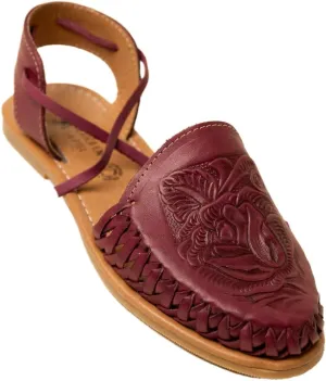 Mexico en la Piel Handmade Leather Flat Sandals for Women - Available in Purple Roman Style and Blue Buckle Style, Floral Die-Cut Design, Comfortable and Casual