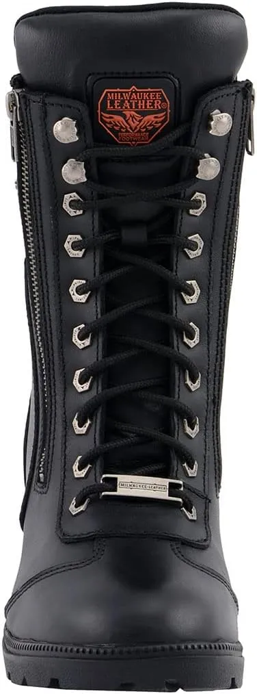 Milwaukee Leather MBL9301 Women's Black Leather Lace-Up Motorcycle Biker Riding Boots with Side Zipper Entry - 8.5