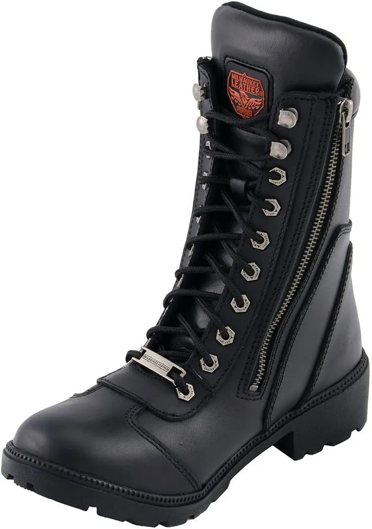 Milwaukee Leather MBL9301 Women's Black Leather Lace-Up Motorcycle Biker Riding Boots with Side Zipper Entry - 8.5