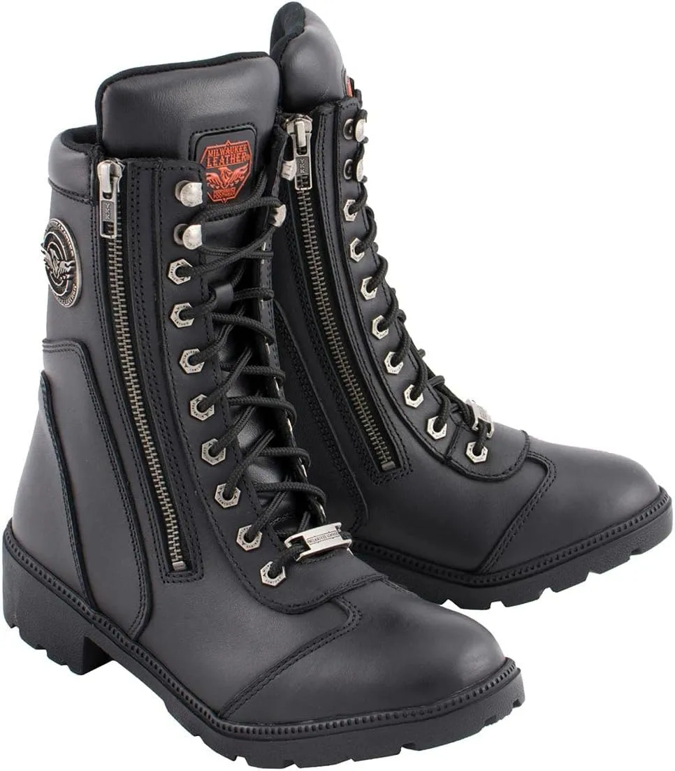 Milwaukee Leather MBL9301 Women's Black Leather Lace-Up Motorcycle Biker Riding Boots with Side Zipper Entry - 8.5