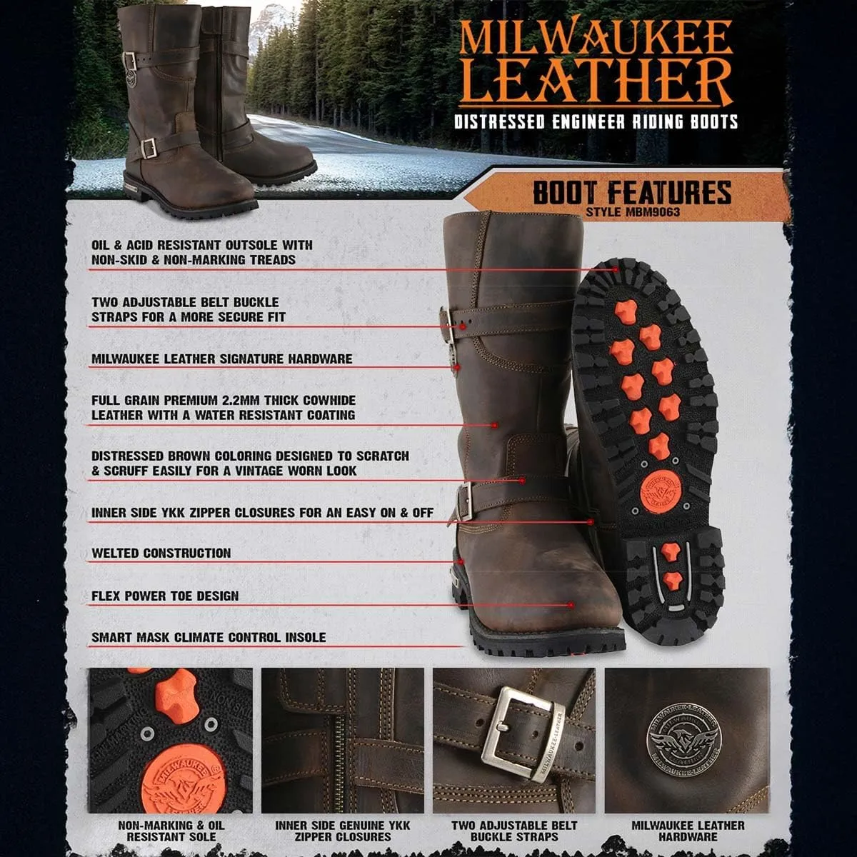 Milwaukee Leather MBM9063 Men's Classic Distressed Brown Leather Motorcycle Engineer Riding Biker Boots - 11