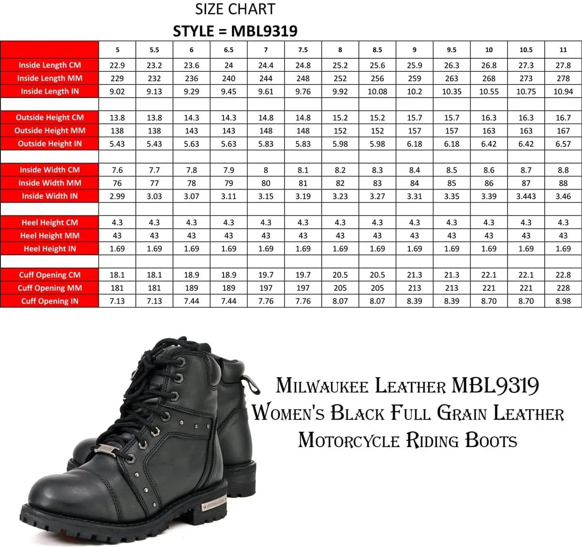 Milwaukee Leather Women's Black Premium Leather Motorcycle Riding Boots w/Lace-Up and Side Zipper Closure MBL9319